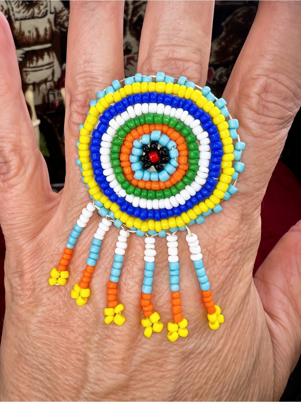 Vintage Remix: Native American Seed Bead Rosette Adjustable Statement Ring